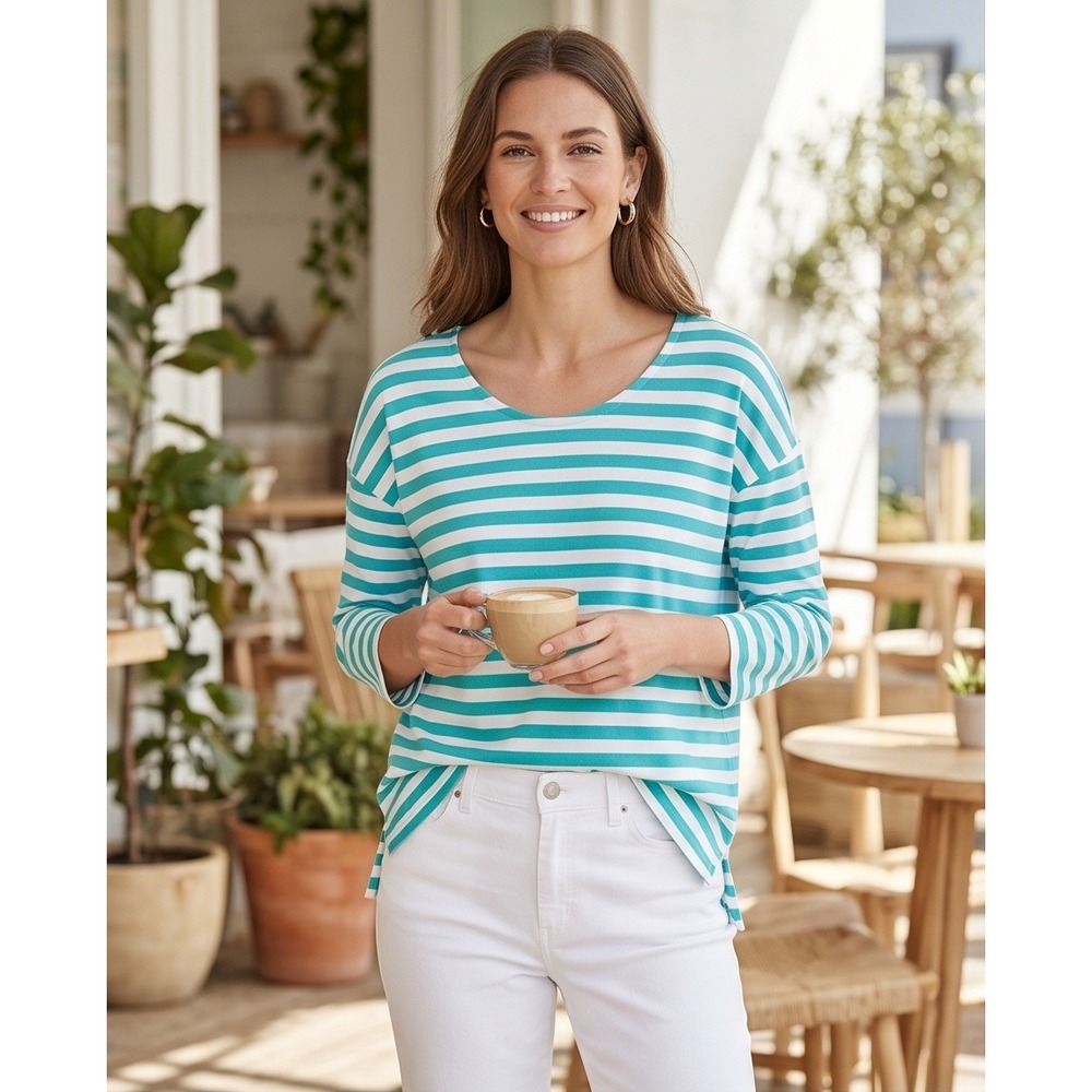 Belle by Kim Gravel XL Striped Knit Top Teal White Long Sleeve Nautical NEW